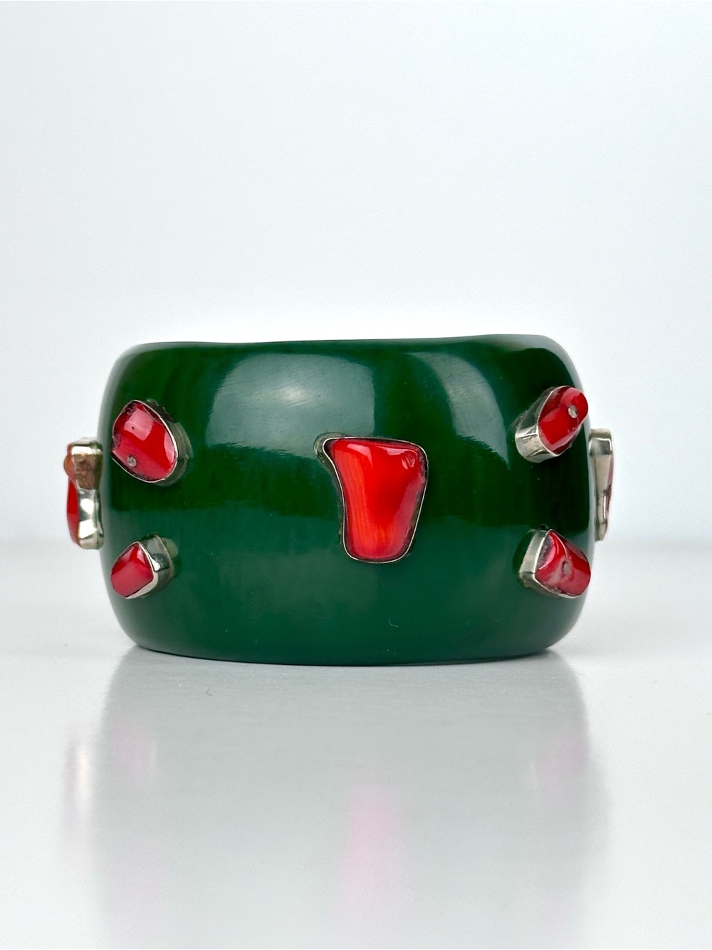 Massive Green Resin & Red Coral Sterling Silver Statement Cuff Bracelet